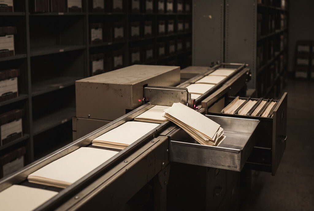 An automated filing mechanism diverts a mismatched stack of blank documents into a side tray, suggesting indifferent machine processing.
