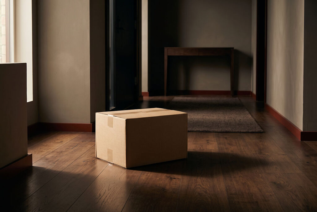 An unopened cardboard box sits in a dim entryway, visualizing return risk as the downstream cost of uncertainty.