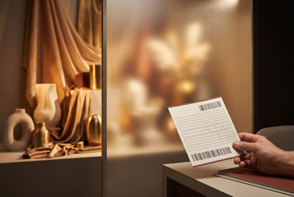Blurred retail display behind frosted glass contrasts with structured data needed for AI recommendation