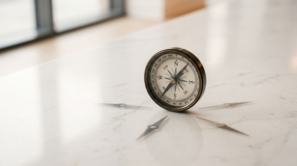 Compass needles point in different directions, showing brand alignment and authorship conflict.