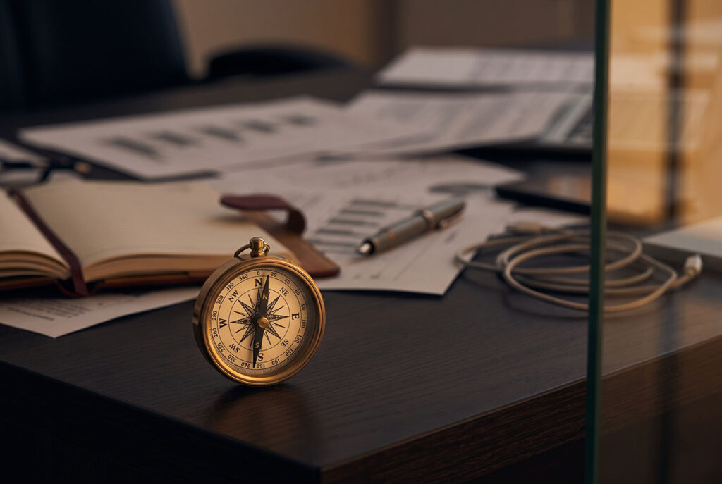 Compass on a cluttered desk, illustrating cognitive fluency as a trusted shortcut in B2B decisions