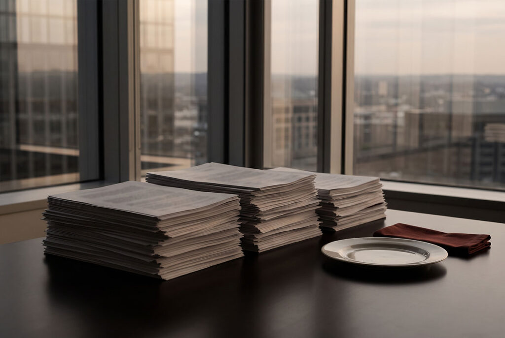 Compliance documents sit beside an empty dinner setting on a dark conference table, evoking regulatory pressure on covert tracking.
