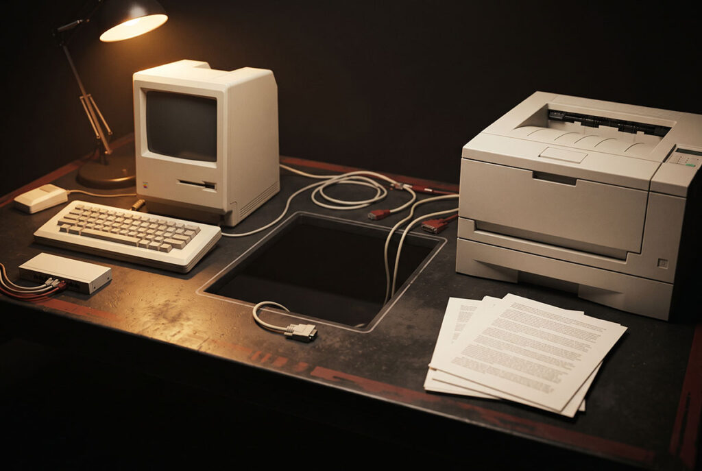 Computer, printer, and networking hardware beside the empty space left by the missing Macintosh Office server