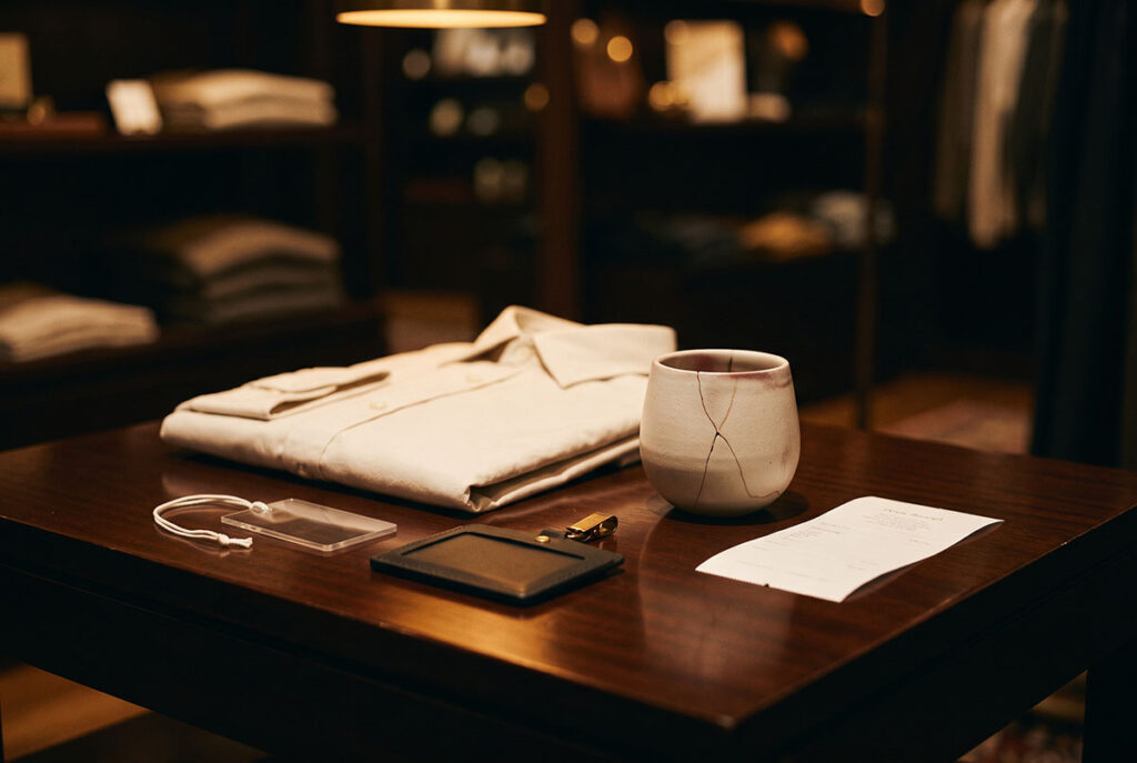 Cracked vessel beside a folded garment, symbolizing a broken psychological contract and brand hypocrisy.