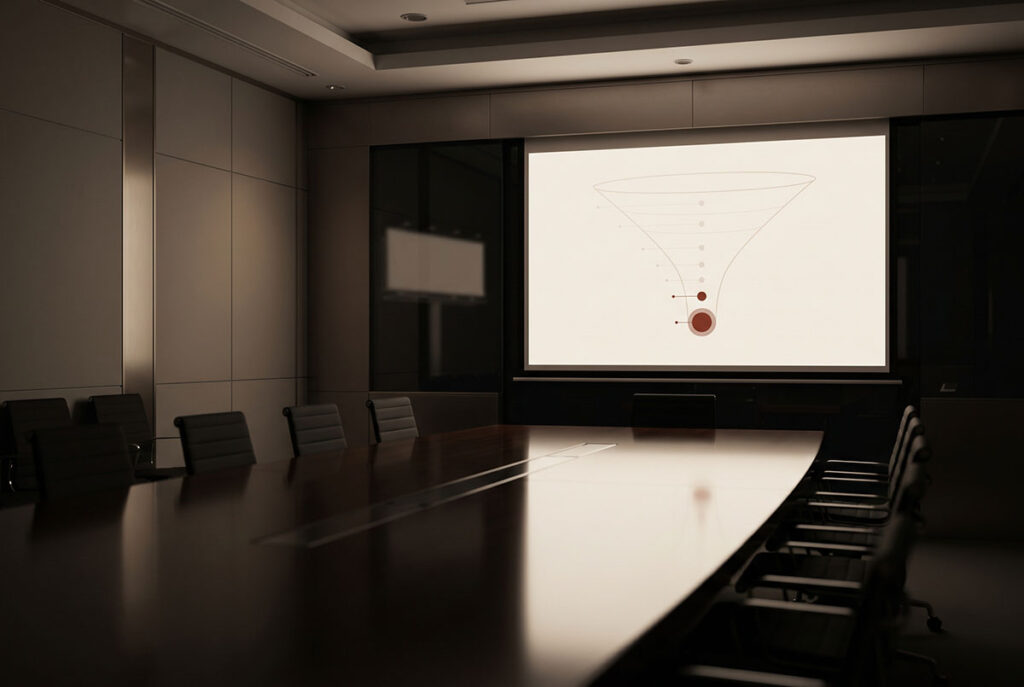 Empty boardroom with an abstract attribution funnel overemphasizing the final touchpoint while a faint billboard reflection appears nearby.
