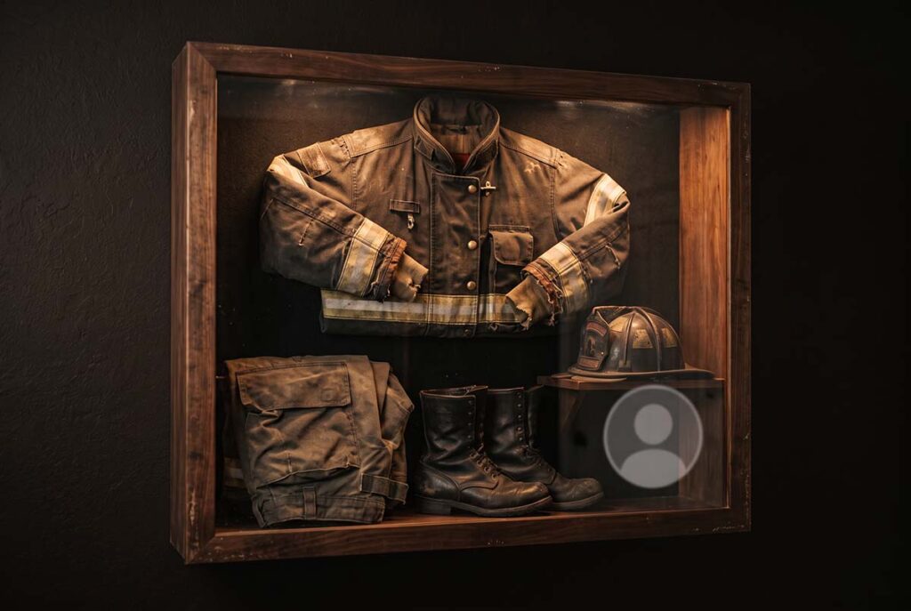 Firefighter gear in a shadow box mirrors software switching costs as tools become professional identity