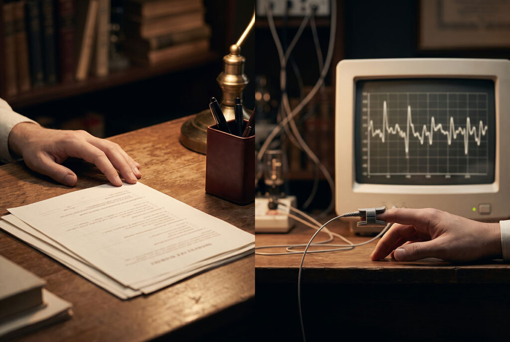 Hand near a survey and biometric monitor illustrates why audio drives higher physiological arousal than self-report