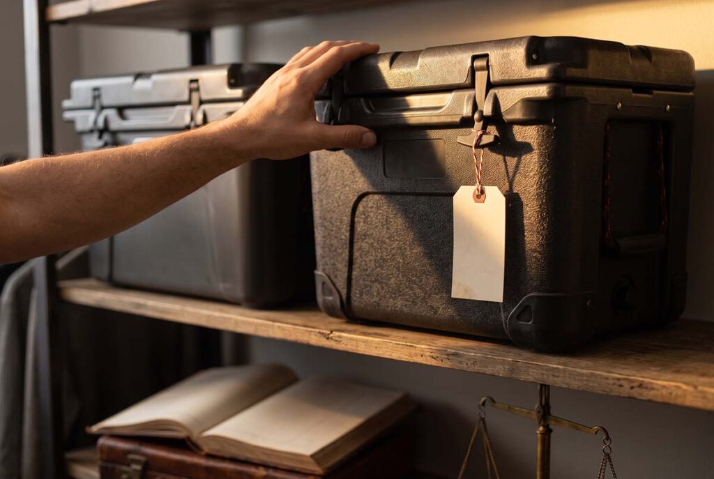 Hand reaching for a premium cooler showing costly signaling through visible price and recognition