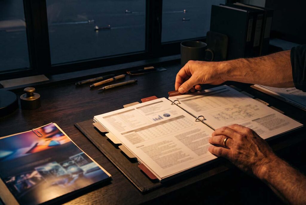 Hands assemble a structured evidence dossier for GEO while unsupported promotional material remains outside the light