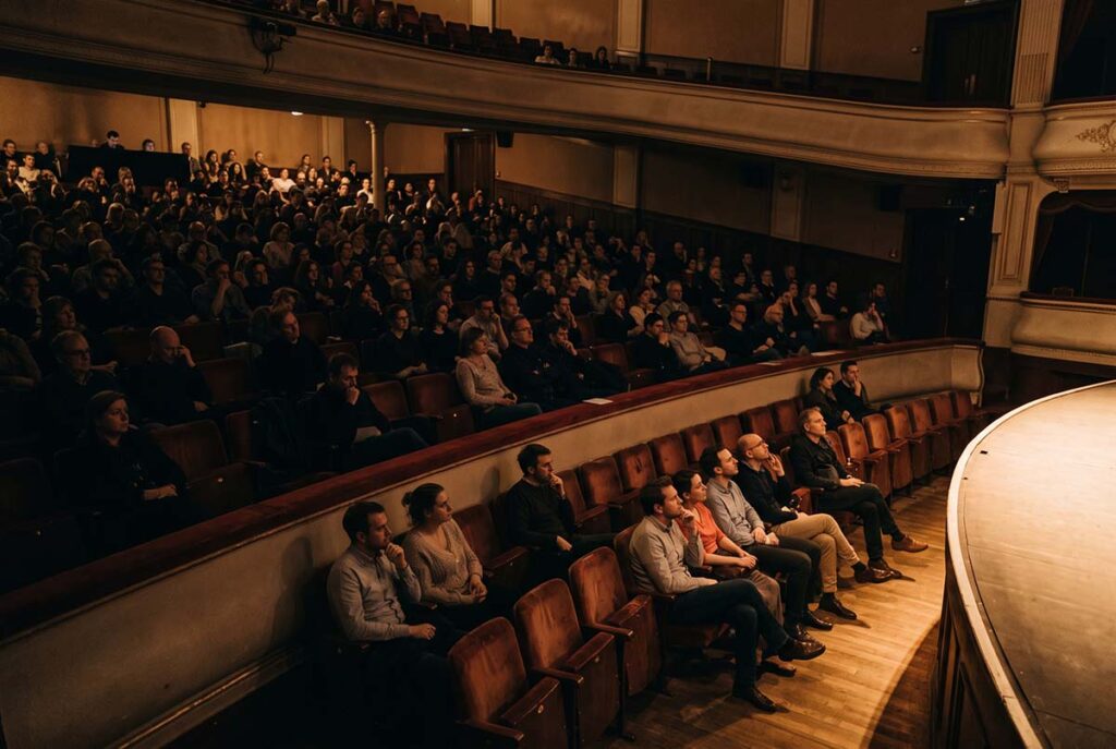 Anonymous viewers lean toward a screen, showing behavioral signals matter more than comments