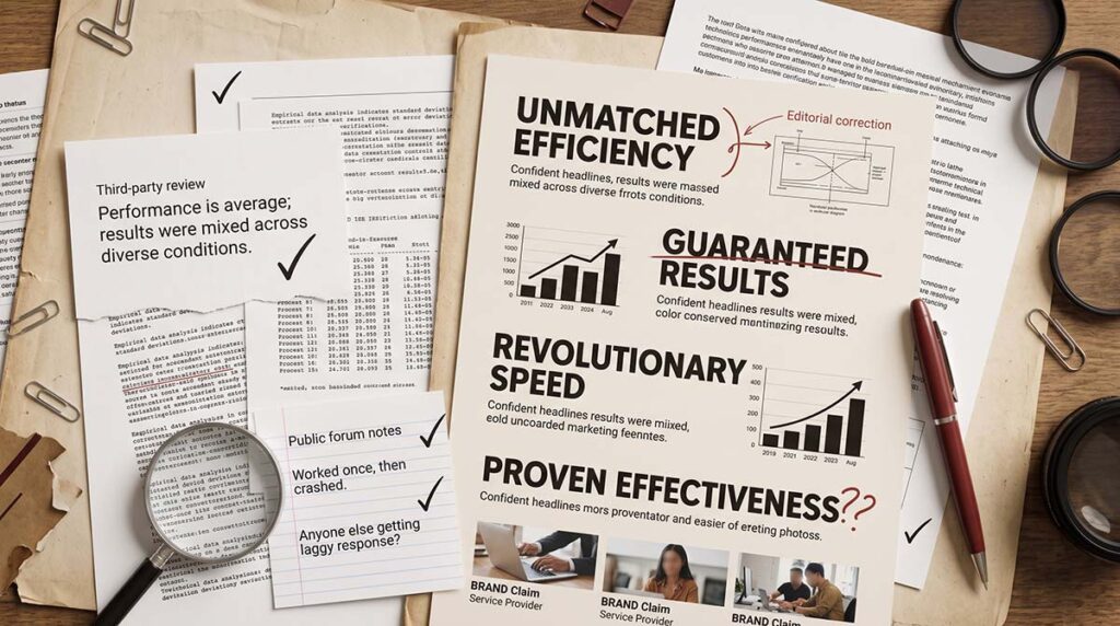 Marketing claims surrounded by independent evidence and editorial verification marks.