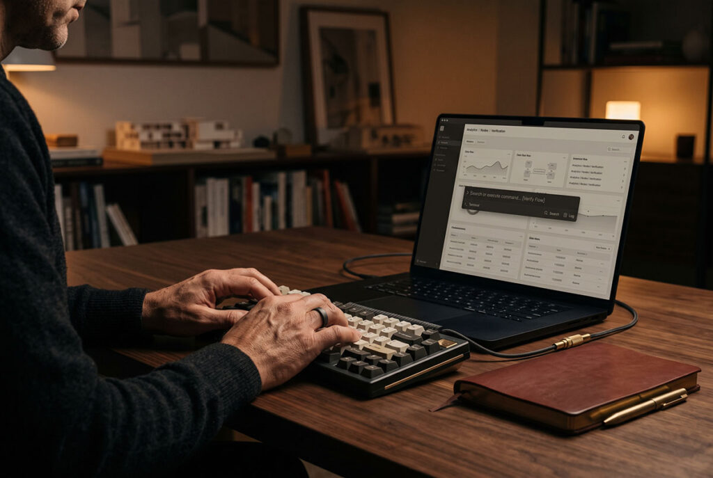 Minimal B2B software and keyboard show how restraint signals confidence to fluent technical buyers