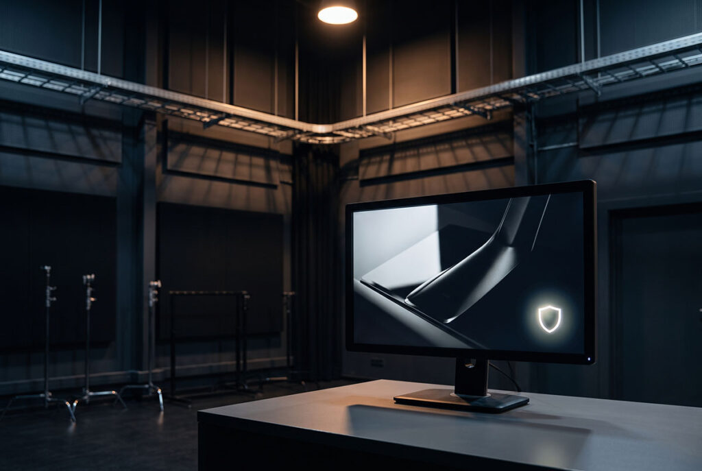 Polished advertising image on a studio monitor with a small credential icon in the corner, representing content provenance and human origin verification.