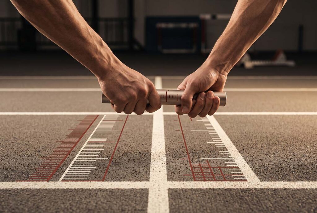 Precision relay exchange zone symbolizing an engineered handoff with no lost context.