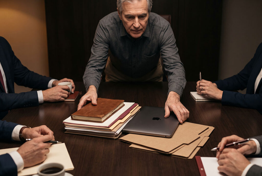 Professional coordinating several workstreams at one table illustrates the shift to orchestrator of impact