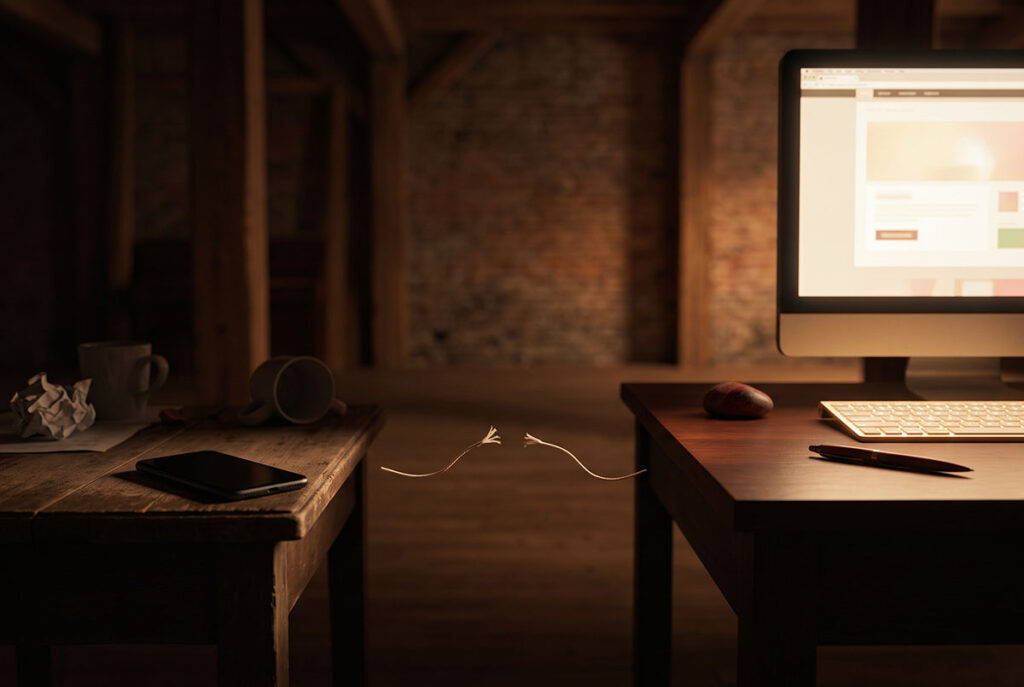 Shadowed phone and glowing desktop split apart, illustrating a ghost conversion across devices