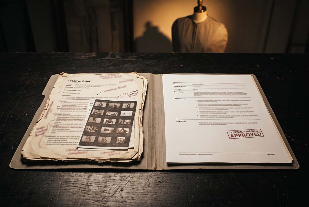 Split case file pairing a worn creative brief with formal policy documents to show Balenciaga’s post-crisis shift