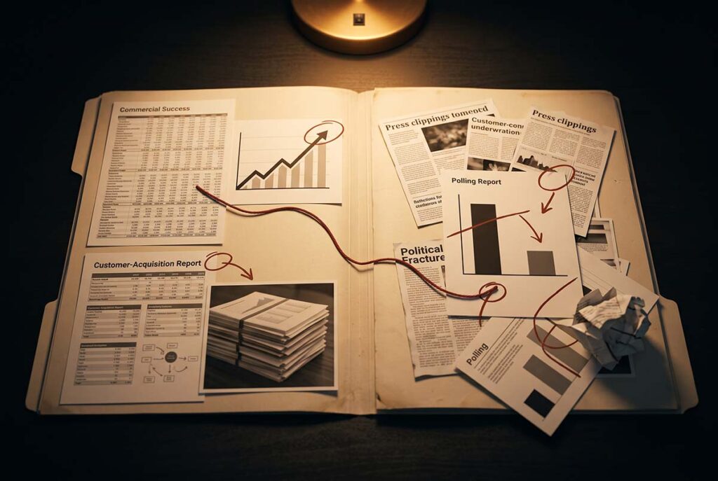 Split case file with revenue reports and approval bars showing the campaign’s two outcomes
