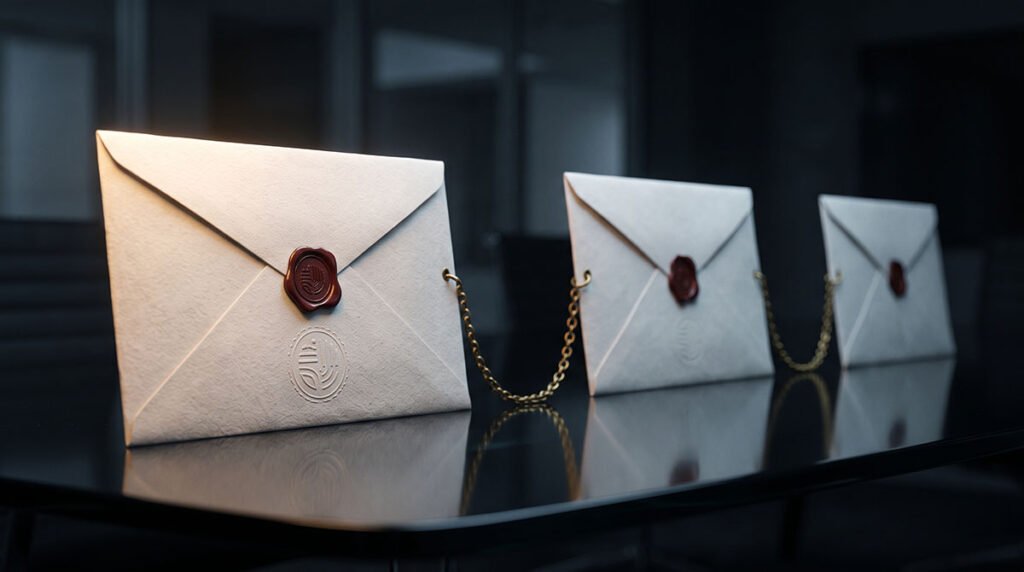 Three sealed envelopes connected by chain links on a dark surface, representing C2PA manifest layering and edit history provenance.