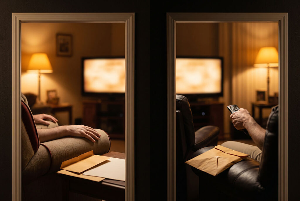 Two viewers react differently to identical screens, illustrating how one advertisement produces opposing meanings.