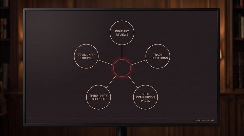 A central brand entity node connects to review platforms, forums, and publications, suggesting off-site consensus.