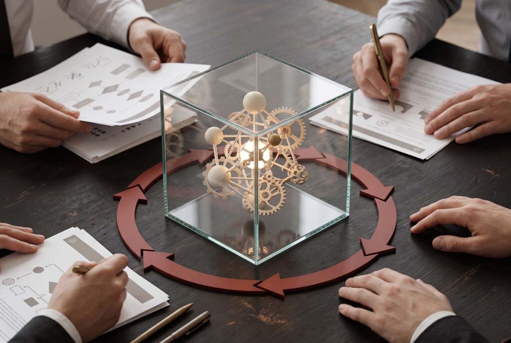 A sealed glass cube containing an abstract AI model is surrounded by closed approval loops.