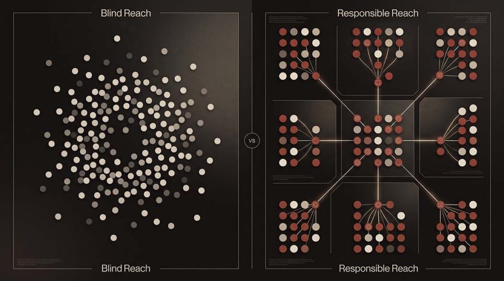 A structured verified network contrasted with scattered unverified reach.