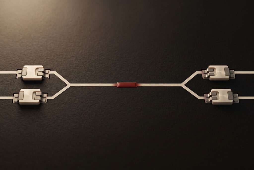 Closed circuit with a warm oxblood connection showing the attribution gap resolved.