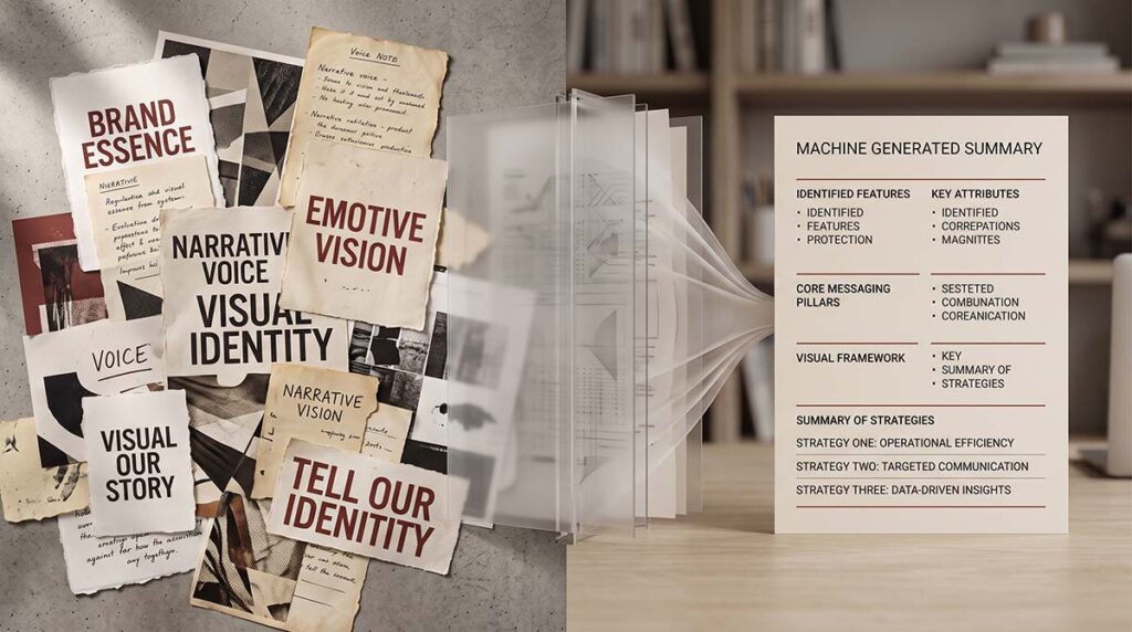 Distinctive brand materials compressed into a plain neutral machine summary.