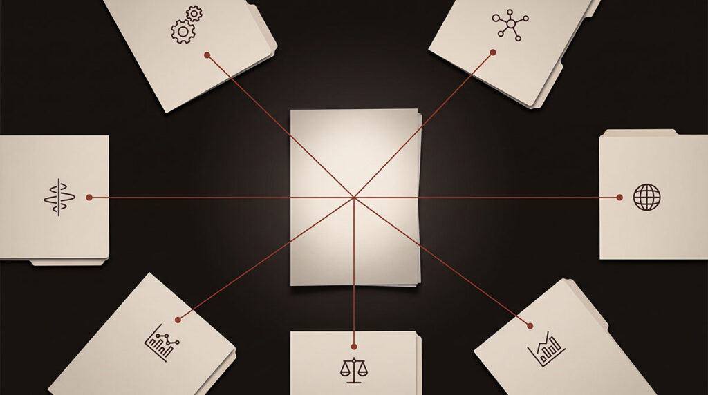Several stakeholder folders converge around one neutral benchmark document.