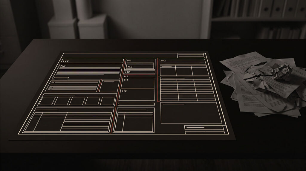 Structured content appears as an architectural blueprint with headers, sections, and answer blocks preserved together.