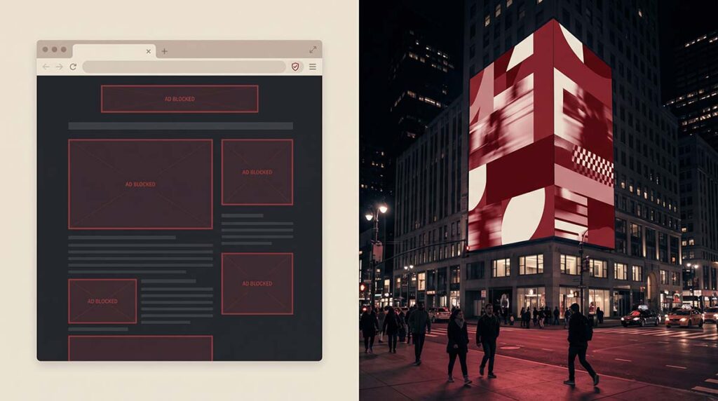 A comparison graphic shows browser ads being blocked while a physical digital billboard remains visible in public space.