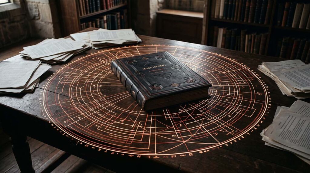 A proprietary data ledger sits inside a protective ring of citation lines while copied documents remain outside.