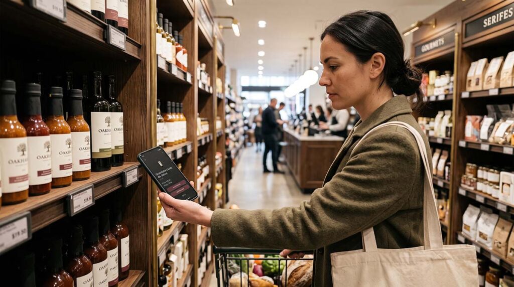 A shopper tapping a product label with a phone while checkout happens directly from the aisle.