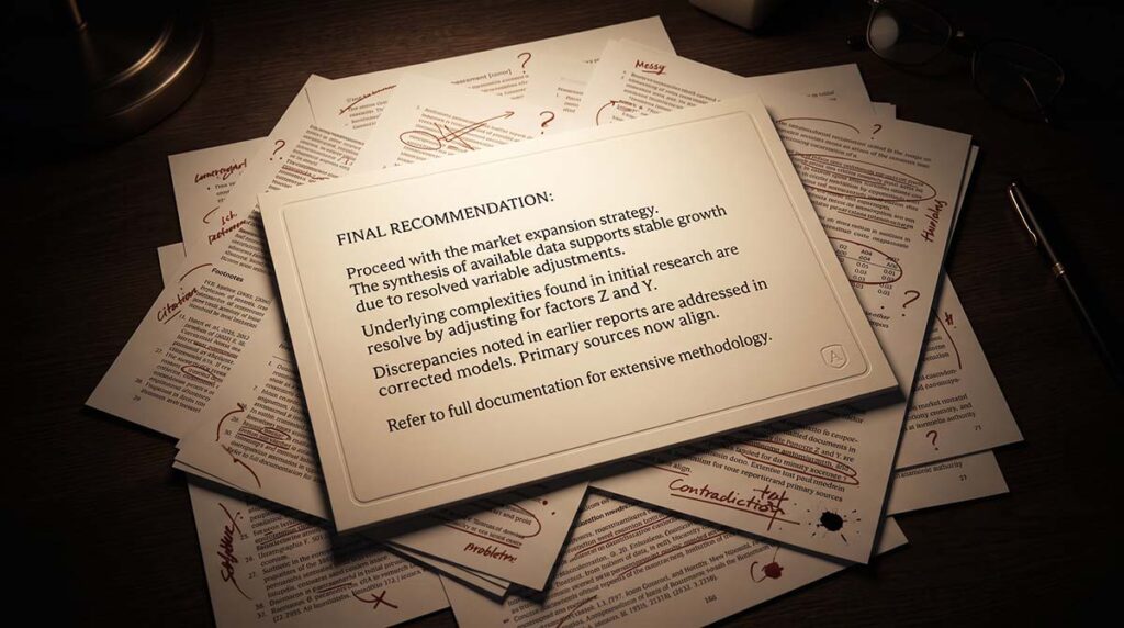 A single answer card resting above mostly hidden research documents.