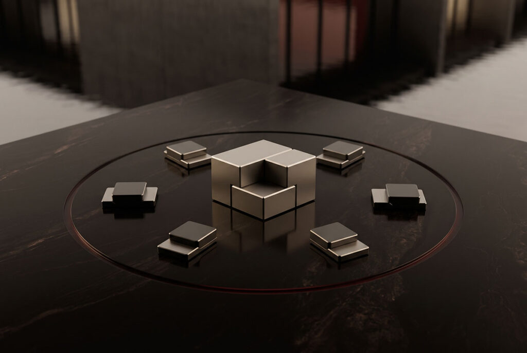 Identical objects appear subtly drawn toward a central form, suggesting cultural gravity in brand loyalty.