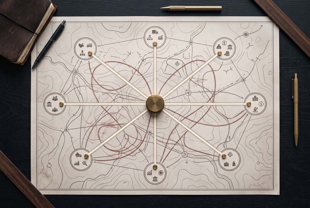 A central marker connects cleanly to multiple stakeholder points on a strategy table.