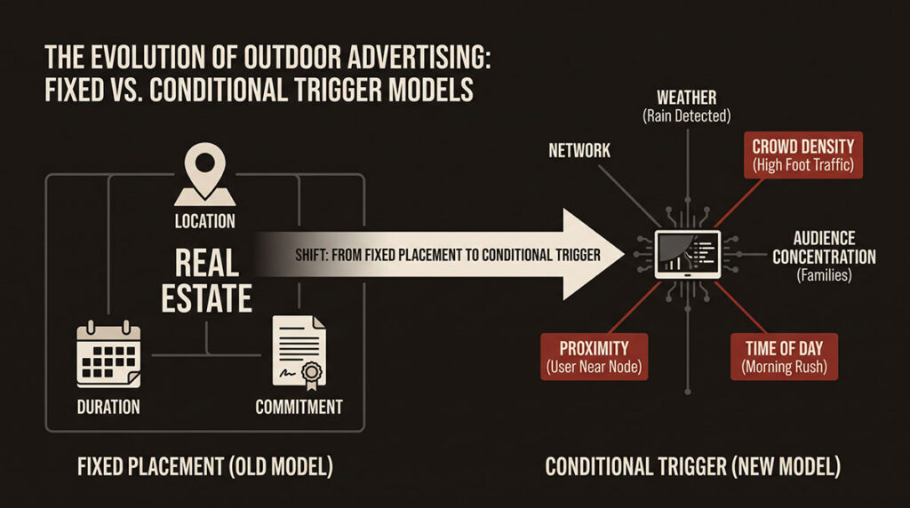 A conceptual graphic contrasts buying billboard real estate with buying real-world conditions.
