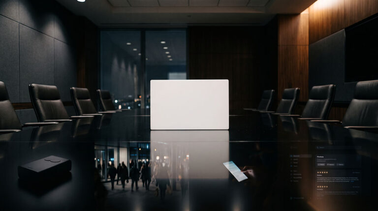 A blank white corporate logo object sits on a polished conference table in a boardroom, with reflections showing a product prototype, a crowd beyond glass, a smartphone, and interface fragments suggesting outside forces shaping brand meaning.