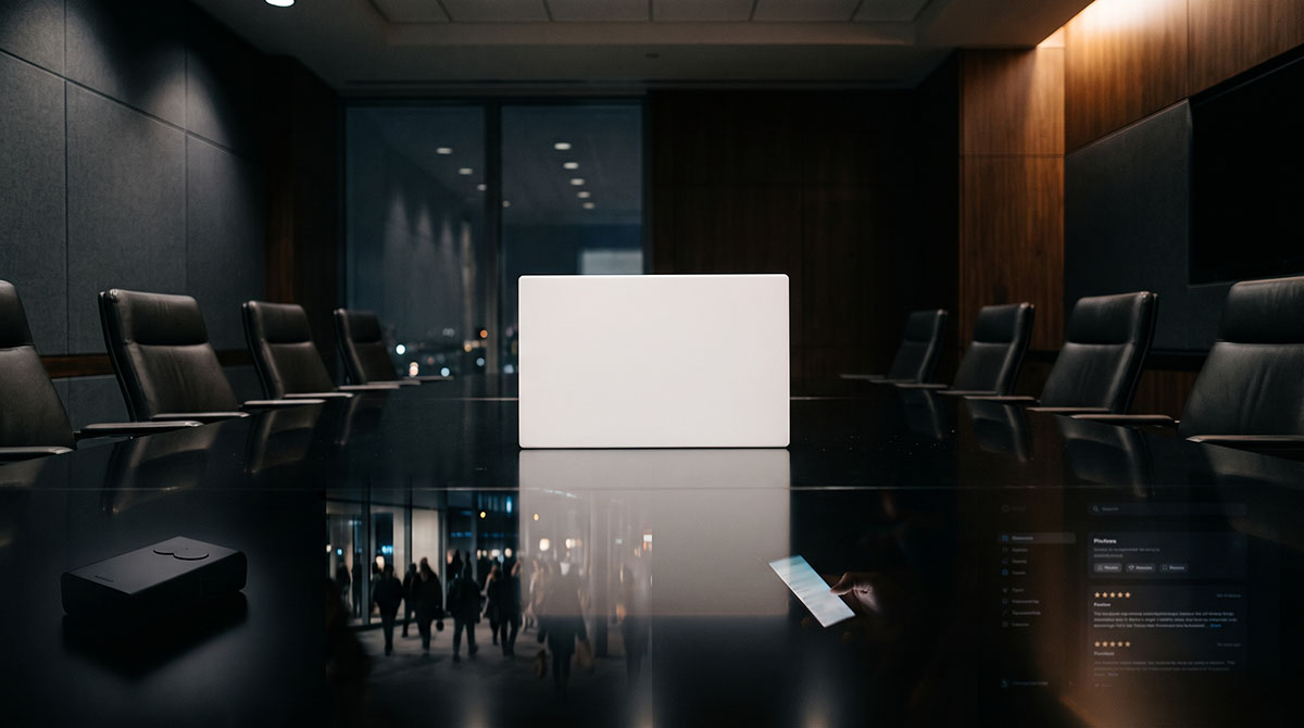 A blank white corporate logo object sits on a polished conference table in a boardroom, with reflections showing a product prototype, a crowd beyond glass, a smartphone, and interface fragments suggesting outside forces shaping brand meaning.