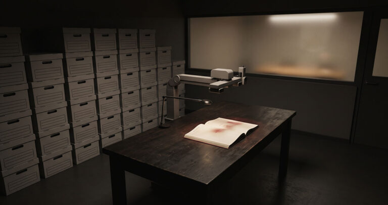 A customs-style evidence inspection table where one verified ledger passes scrutiny while stacks of identical generic content files wait unread.