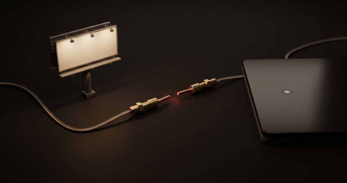 A dark editorial image showing a billboard and purchase node separated by an open circuit gap.