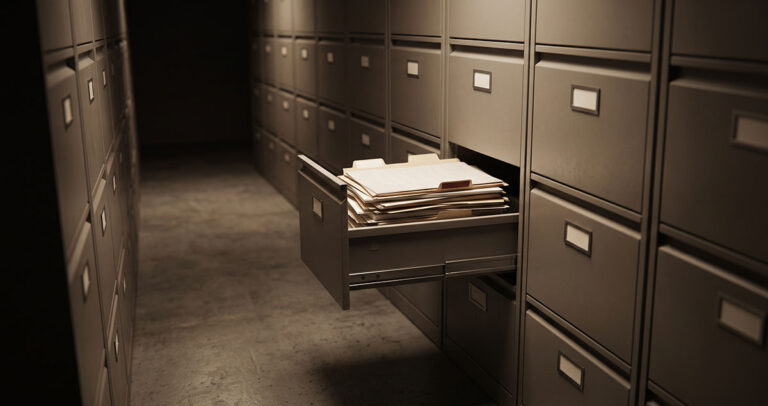 A dim archival filing room with one drawer open and mismatched blank documents inside, suggesting an identity that cannot be clearly classified.