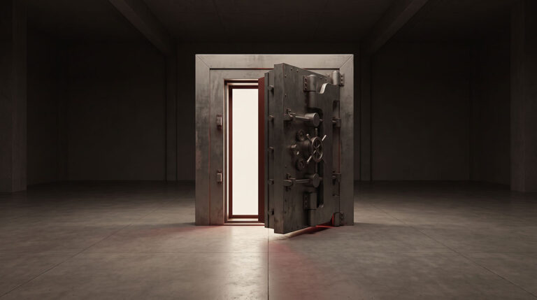 A freestanding steel vault door stands slightly open in a dark institutional space with warm light spilling through the gap.