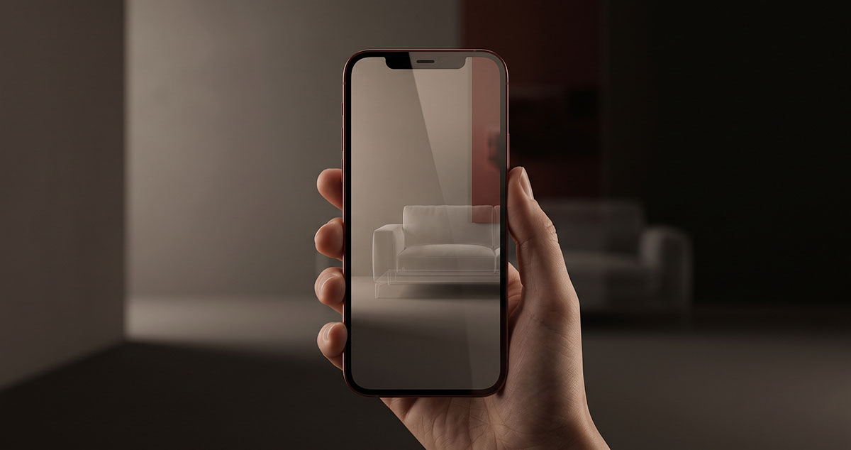 A hand holds a smartphone showing a translucent product outline in an otherwise empty room.