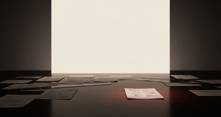 A luminous answer wall blocks shadowed search fragments, with one structured document fragment visible in the foreground.