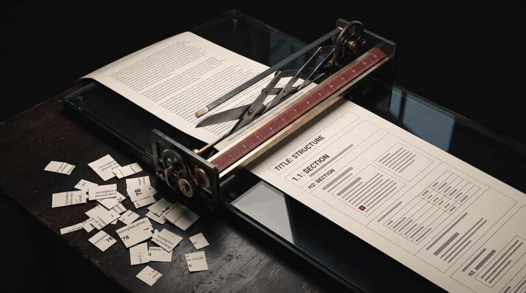 A machine with scissors and a ruler sits over a long printed essay on a dark editorial worktable