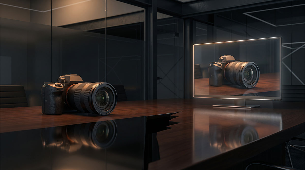 A professional camera sits on a polished table beside a monitor showing a nearly identical camera image, with a break in the table reflection suggesting uncertainty about which version is real.