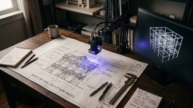 A robotic scanning arm reads an ornate architectural blueprint and projects only a bare structural wireframe onto a nearby screen.