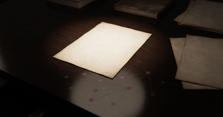 A single illuminated document on a dark reflective surface, surrounded by unresolved documents and a faint abstract network graph.